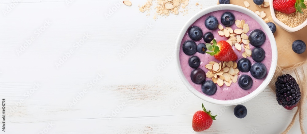 A healthy dessert with a top view, featuring a smoothie bowl made of mixed berries, banana, and yogurt in a white bowl. Topped with frozen blackcurrant, almonds, and sesame seeds, with space for text A healthy dessert with a top view, featuring a smoothie bowl made of mixed berries, banana, and yogurt in a white bowl. Topped with frozen blackcurrant, almonds, and sesame seeds, with space for text