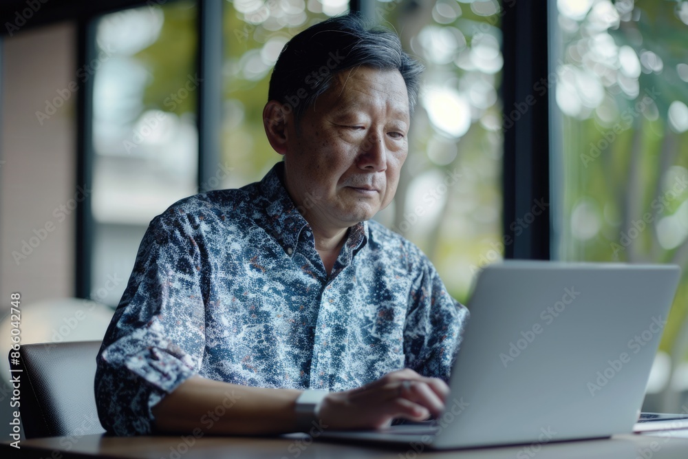 Asian Man Using Laptop. Serious Businessman Working in Office, Asian Boss Thinking and Typing on Keyboard Asian Man Using Laptop. Serious Businessman Working in Office, Asian Boss Thinking and Typing on Keyboard