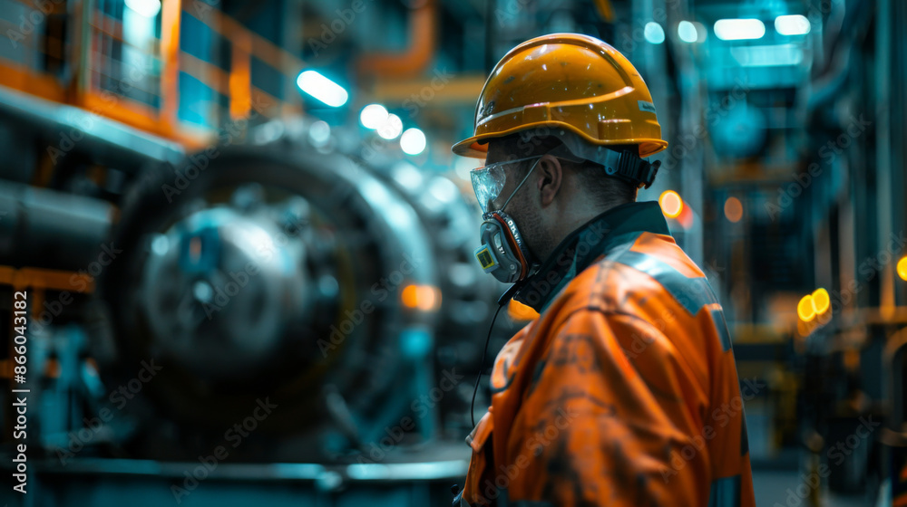 Factory worker in safety gear and helmet, observing machinery inside a well-lit industrial factory environment. Factory worker in safety gear and helmet, observing machinery inside a well-lit industrial factory environment.