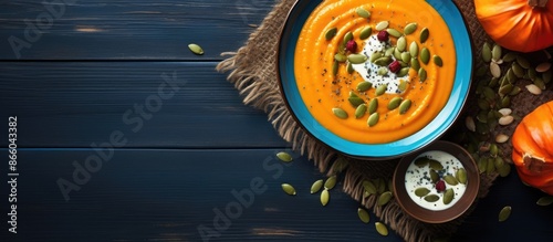 A top view of pumpkin soup ...