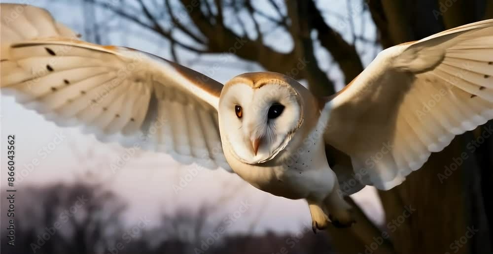 Close-up of flying barn owl, focused gaze, against trees