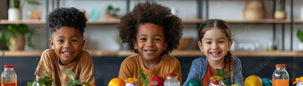 Three happy children sitting at the table in the kitchen and eating healthy food. Three happy children sitting at the table in the kitchen and eating healthy food.
