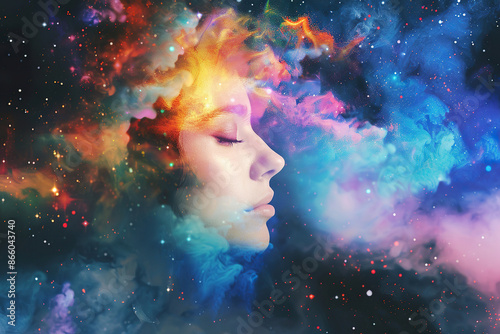 A woman's face is shown in a colorful, swirling cloud of space, generative ai image. photo