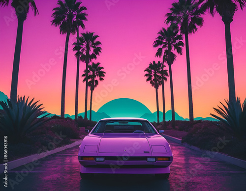 Retro Futuristic Vaporwave - sunset in the city, sunset on the road, car on the road