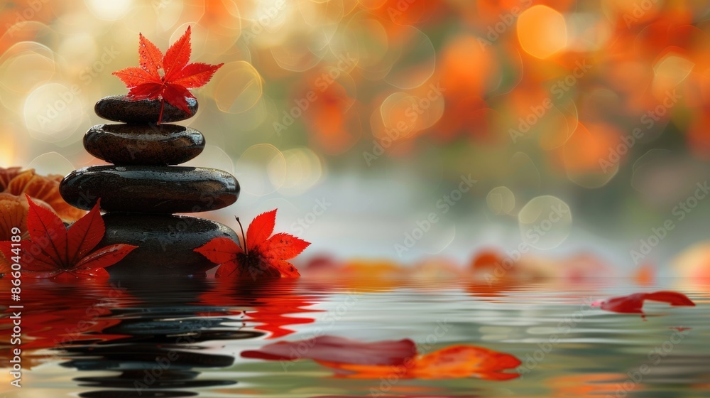 Obraz premium Fall Spa. Relaxing Autumn Background with Red Leaves Flowing on Water