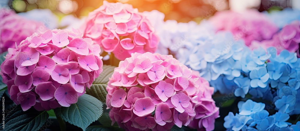 Fototapeta premium Summer garden background with blooming purple and pink hydrangea or hortensia, close up with selective focus on copy space image.
