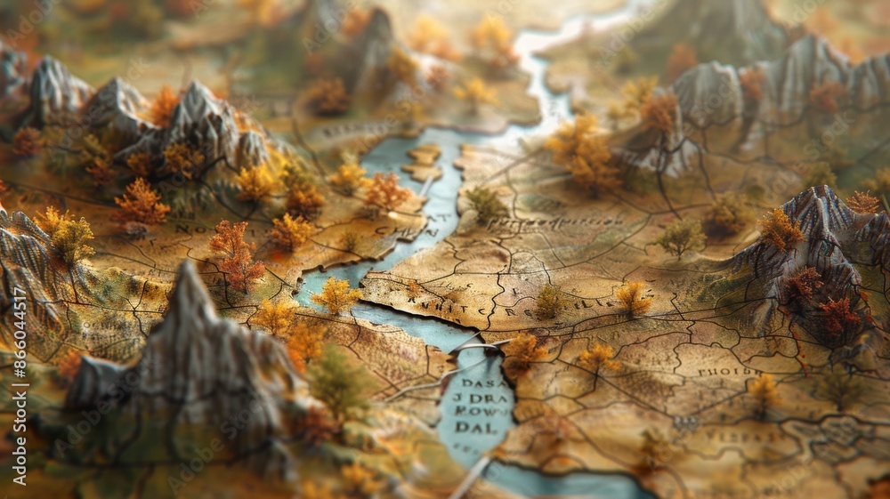 Fantasy Map with Mountains, Rivers, and Forests. A 3D Render of an Ancient World Fantasy Map with Mountains, Rivers, and Forests. A 3D Render of an Ancient World