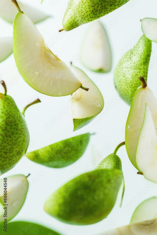Pear Slices: Fresh Green Pear Slices Flying in Healthy Food Concept Pear Slices: Fresh Green Pear Slices Flying in Healthy Food Concept