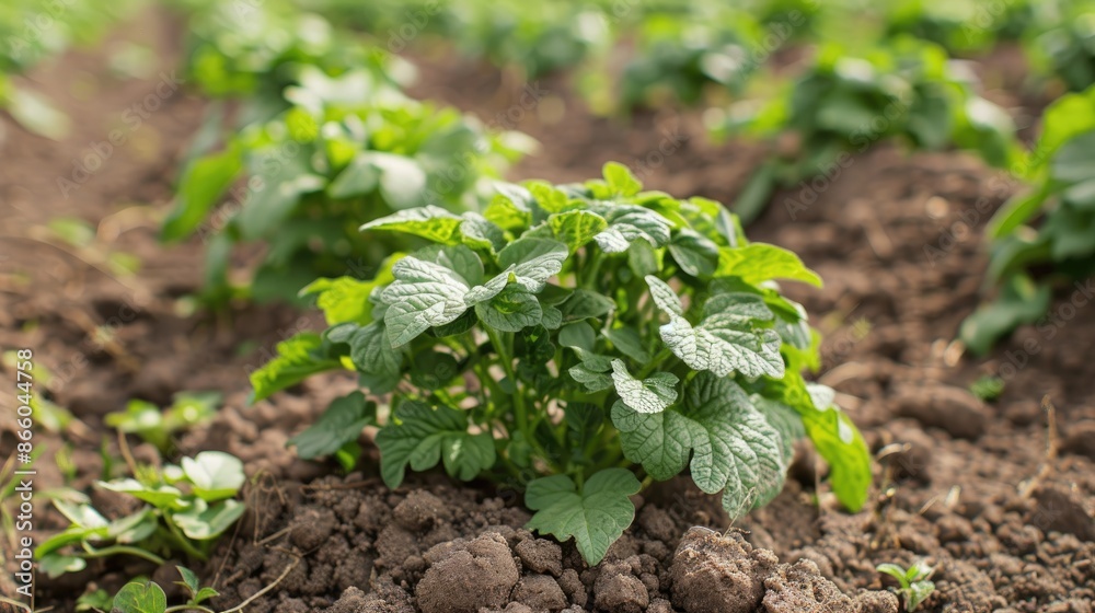 Growing potato plants in organic garden field