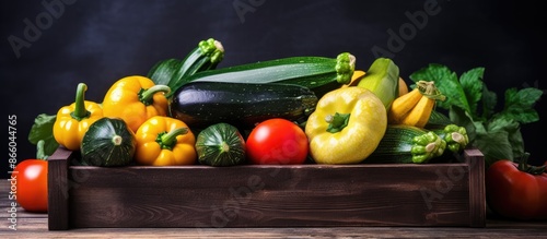 Colorful zucchinis in woode...