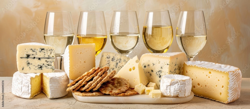 Different kinds of cheese arranged on a platter with white wine on a beige background. Different kinds of cheese arranged on a platter with white wine on a beige background.