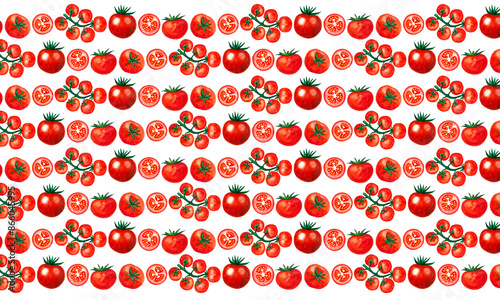 Pattern of different types of tomatoes. Watercolor drawing. White background. Tomatoes are whole, cut in half and on a branch. Repeated regularly. Red tomatoes, green leaves and branches.