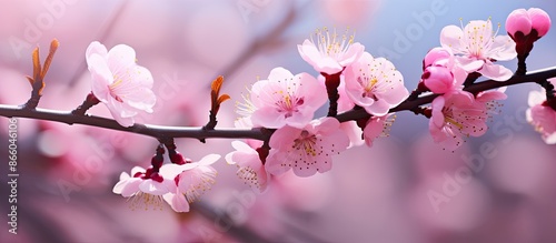 A pink plum tree in full bloom captured in close-up with a blurred background, suitable for a copy space image. photo
