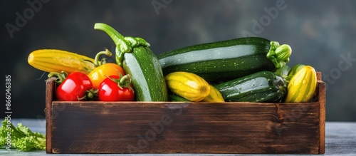 Colorful zucchinis in woode...
