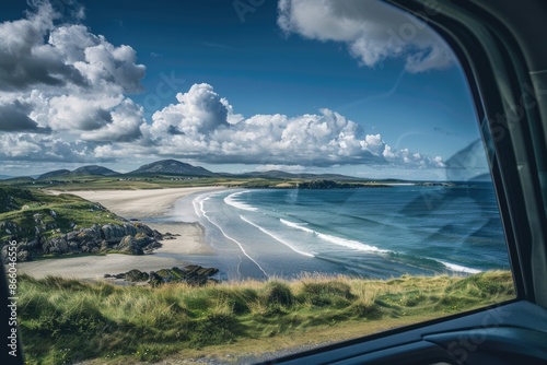 Car Window Inside. Stunning View of Bun na Leaca Coast on the Atlantic Ocean, County Donegal photo