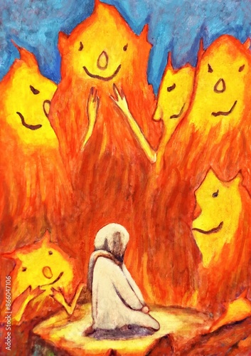 Prophet Ibrahim was in the fire, but the flames did not harm him. Hand drawn illustrations depict Islamic stories, reflecting the concepts of religion and culture.