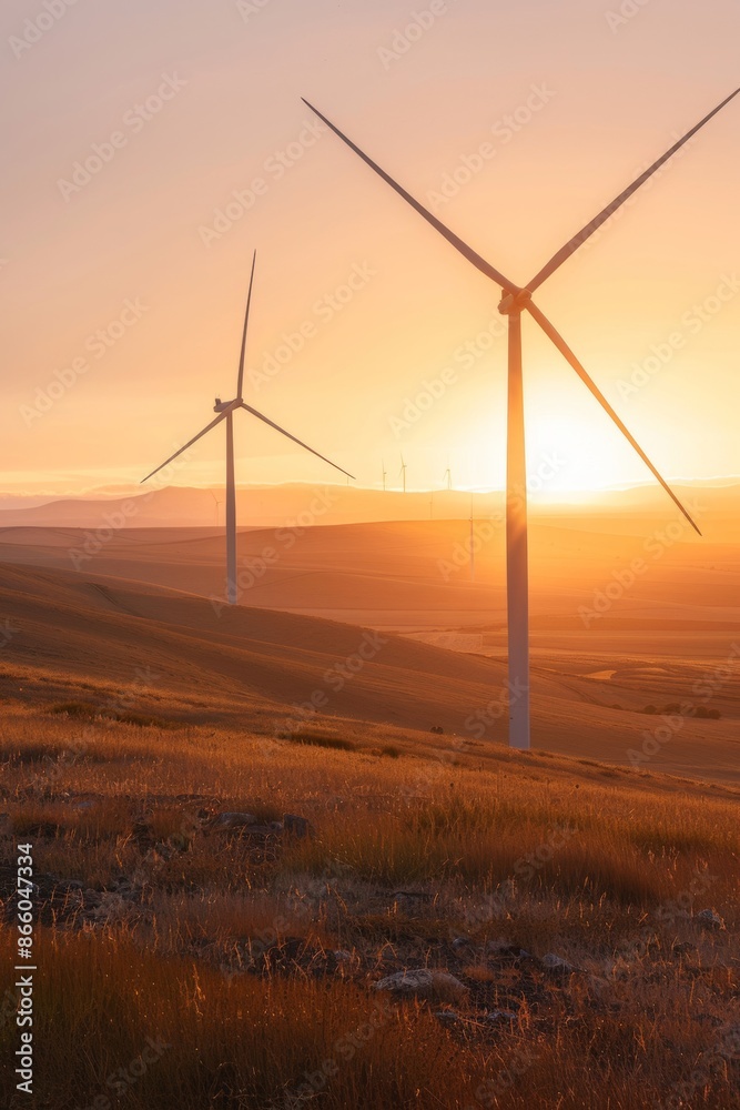 Obraz premium Scenic rural landscape at golden hour with wind turbines generating renewable energy