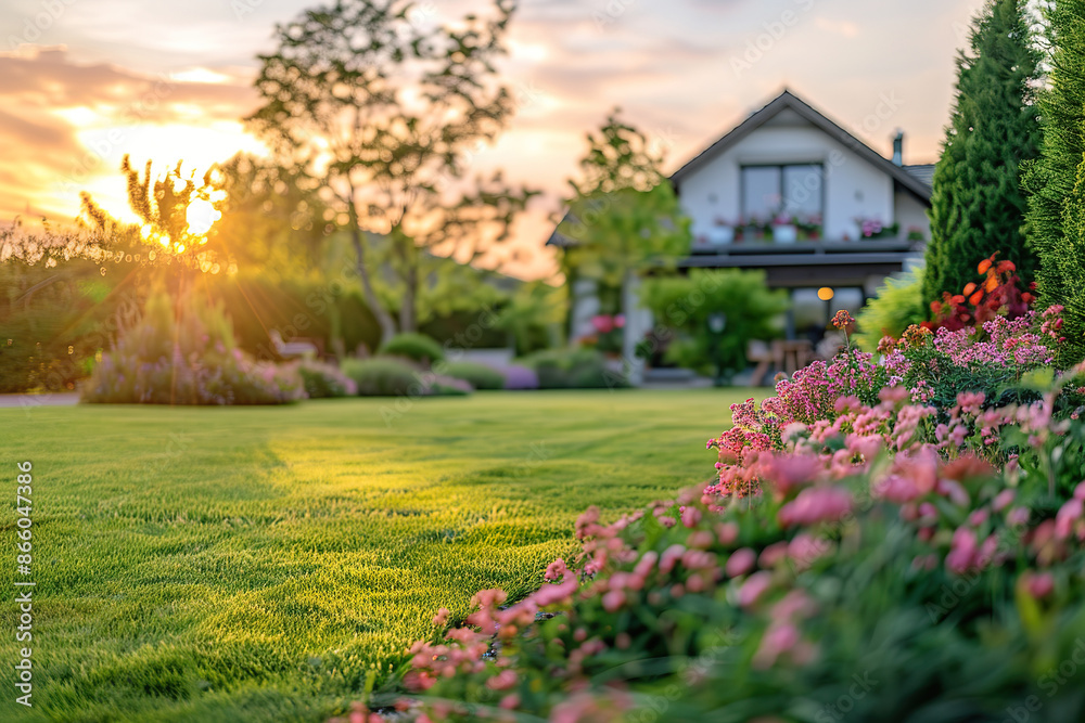 Fototapeta premium A house with a large lawn and a flower garden, generative ai image.