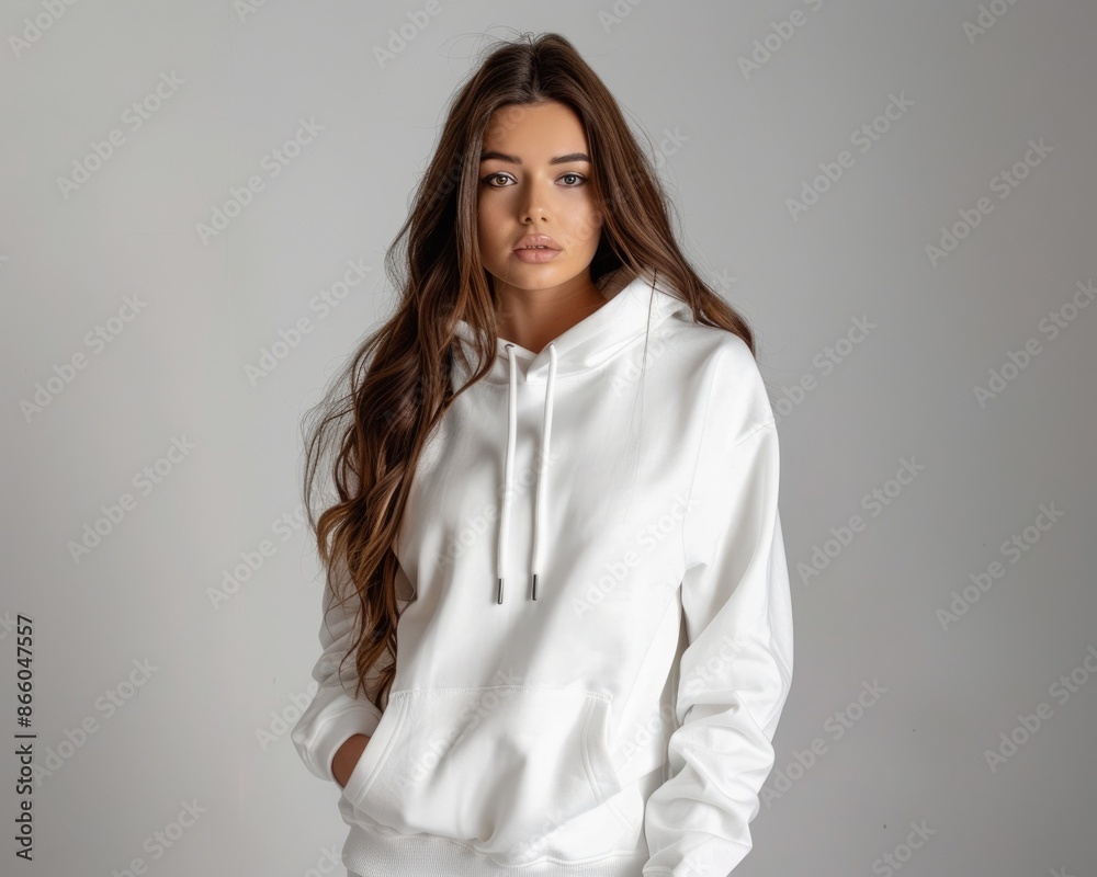 Female In Hoodie. White Sweatshirt Mockup Featuring Female Model with Copy Space Female In Hoodie. White Sweatshirt Mockup Featuring Female Model with Copy Space
