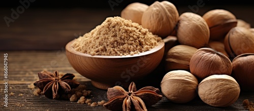 Nutmeg seasoning spices with copy space image available.