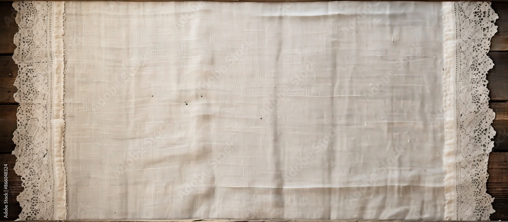 Fototapeta premium Vintage linen fabric frame on wooden backdrop with copy space image