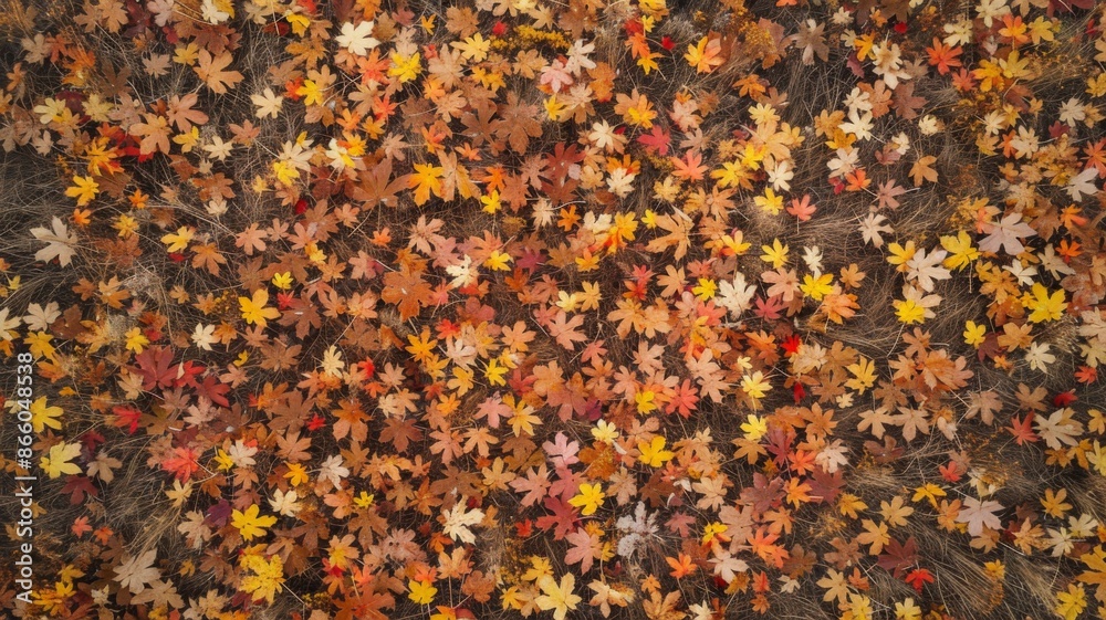 Aerial view of vibrant autumn leaves scattered across the ground. Colorful fall foliage background with red, orange, and yellow maple leaves. Aerial view of vibrant autumn leaves scattered across the ground. Colorful fall foliage background with red, orange, and yellow maple leaves.