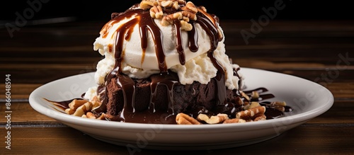 Brownie sundae topped with ...