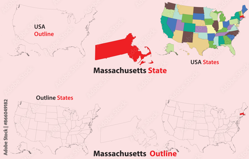 Fototapeta premium Massachusetts map vector of usa, Massachusetts line map, Massachusetts with city map, Massachusetts outline map