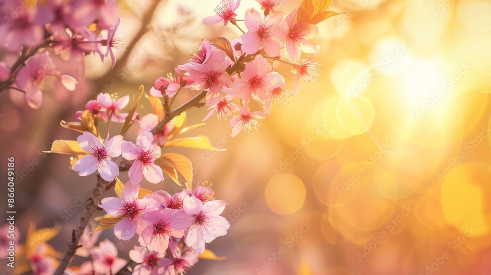 Blossoming sakura branches in full bloom against a sunny backdrop. A picturesque spring scene highlighting the beauty of nature during cherry blossom season in Japan. Blossoming sakura branches in full bloom against a sunny backdrop. A picturesque spring scene highlighting the beauty of nature during cherry blossom season in Japan.