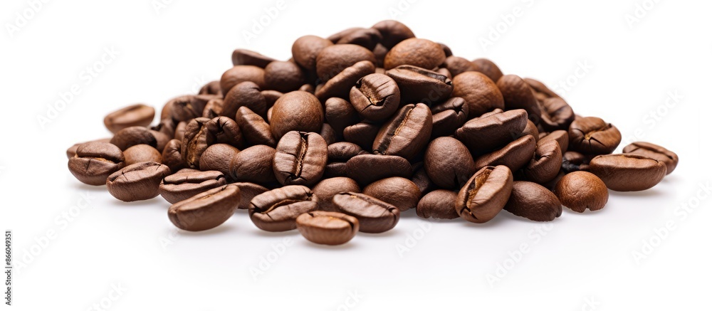 Naklejka premium Coffee beans roasted, set against a white backdrop, with available copy space image.