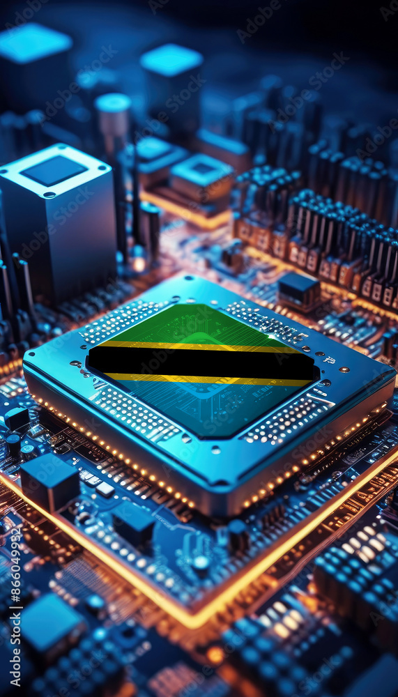 Obraz premium The Tanzania flag embedded on a powerful CPU, symbolizing leadership in technological innovation and digital advancement