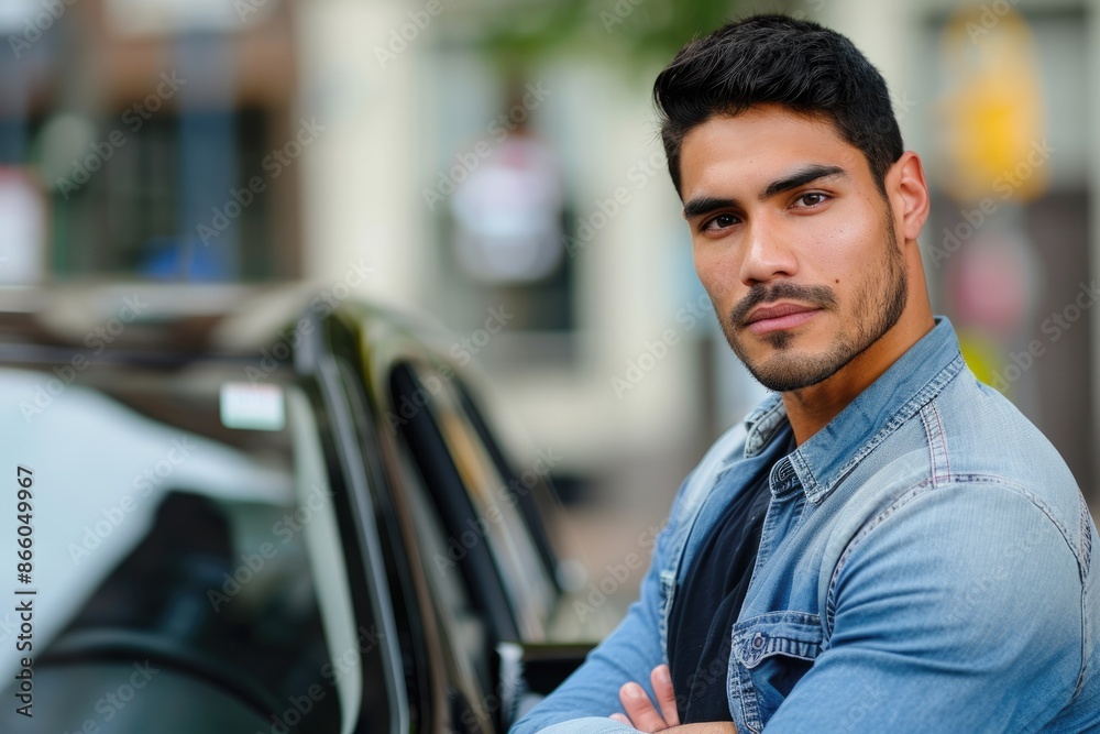 Man Standing By Car. Handsome Latin Man in his 20s Standing by Automobile with Eye Contact Man Standing By Car. Handsome Latin Man in his 20s Standing by Automobile with Eye Contact