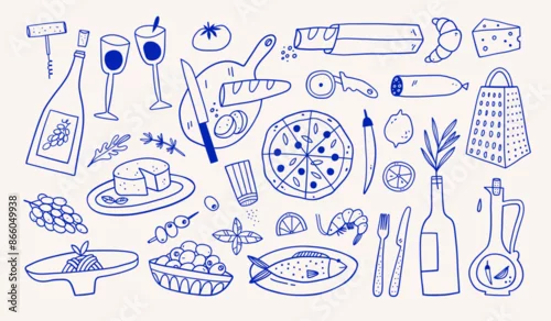 Obraz Hand drawn different mediterranean food set