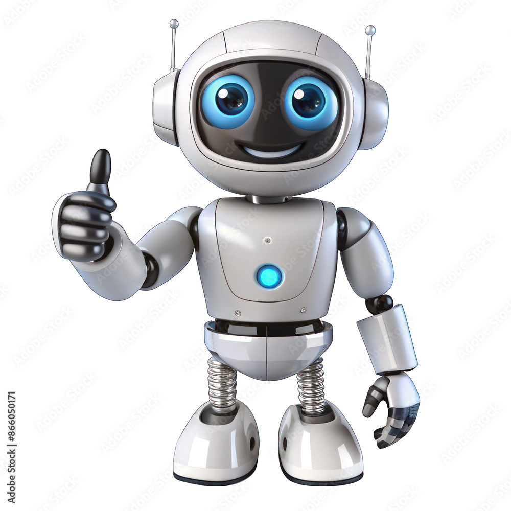 Friendly robot giving thumbs up portrait isolated on transparent background Friendly robot giving thumbs up portrait isolated on transparent background