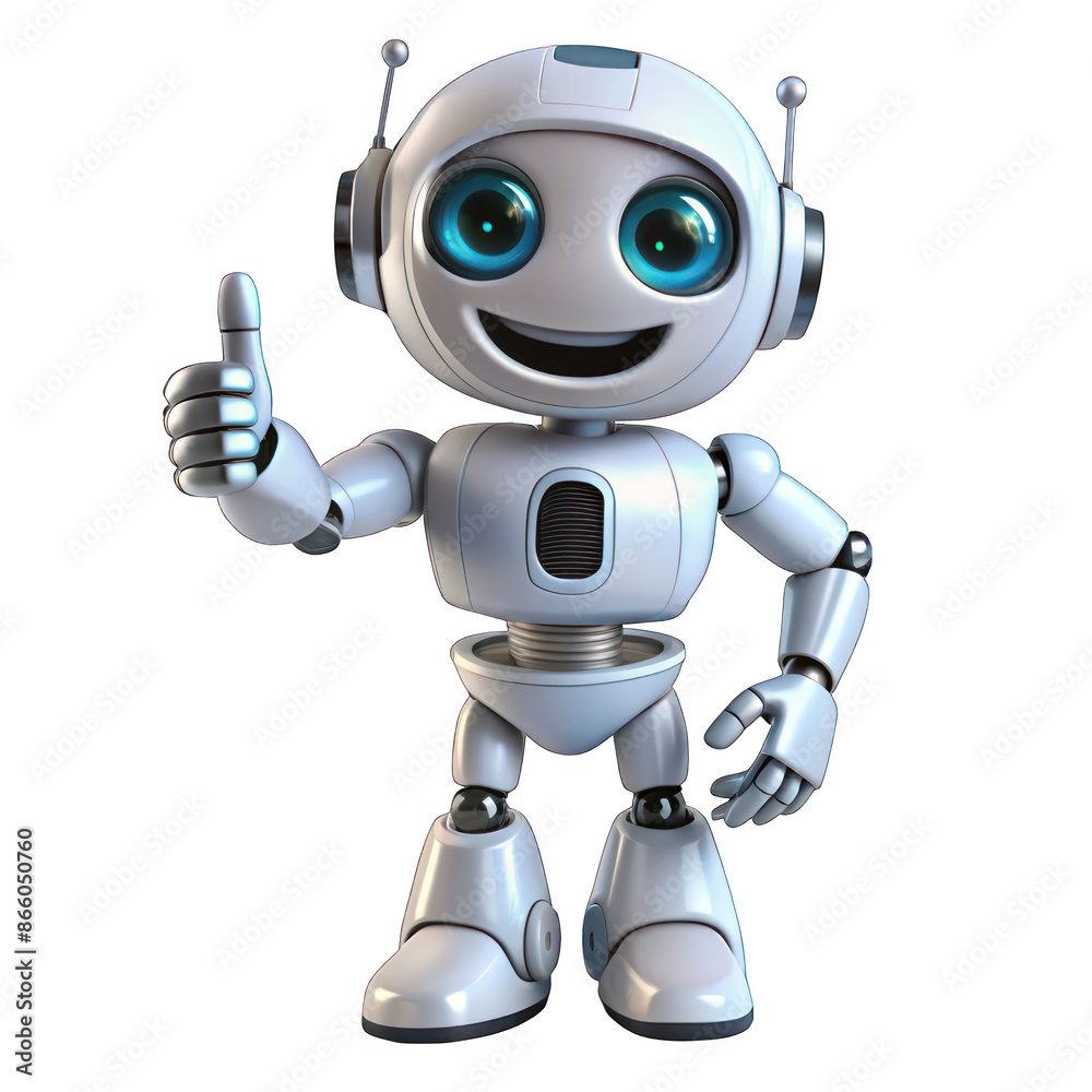 Friendly robot giving thumbs up portrait isolated on transparent background Friendly robot giving thumbs up portrait isolated on transparent background