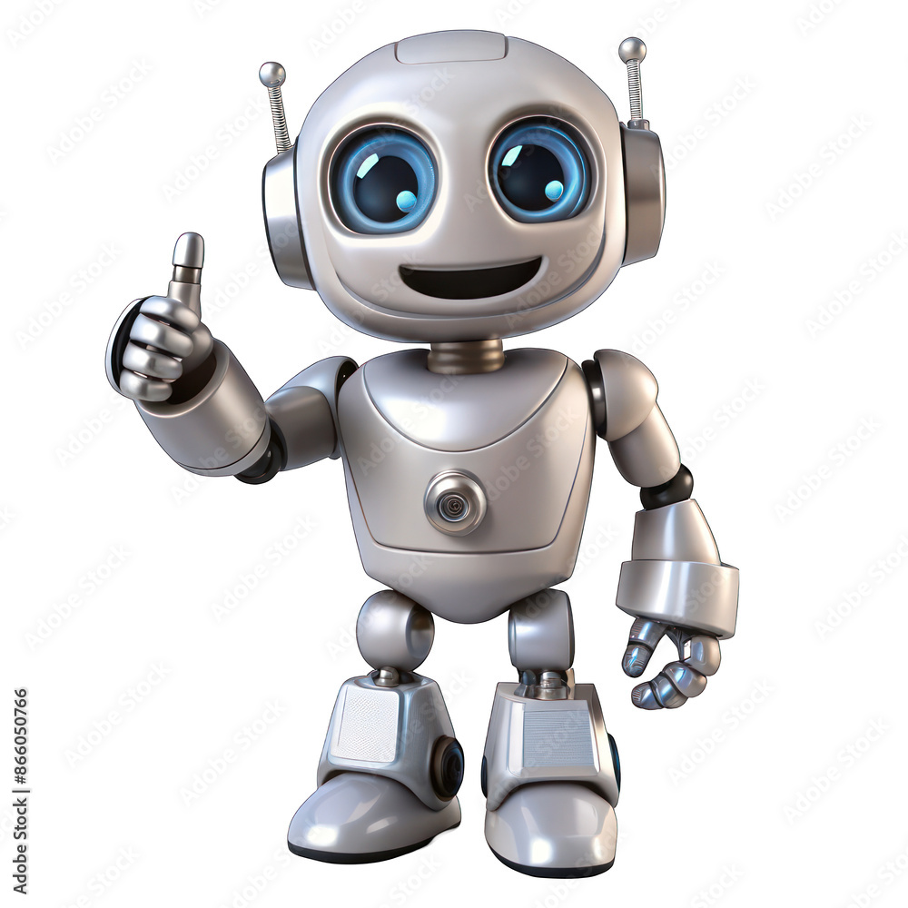 Friendly robot giving thumbs up portrait isolated on transparent background Friendly robot giving thumbs up portrait isolated on transparent background