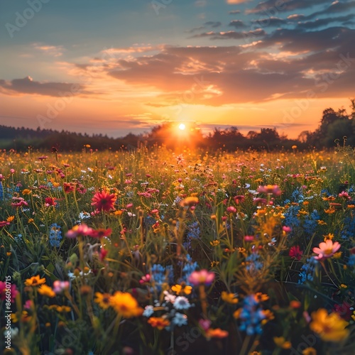 Sunrise Illuminating a Vibrant Flower Field Symbolizing a New Beginning and Fresh Start