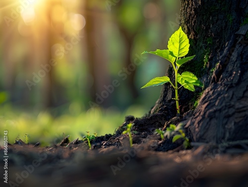 Young Sapling Growing Beside Old Tree Symbolizing Renewal and Continuity © Thares2020