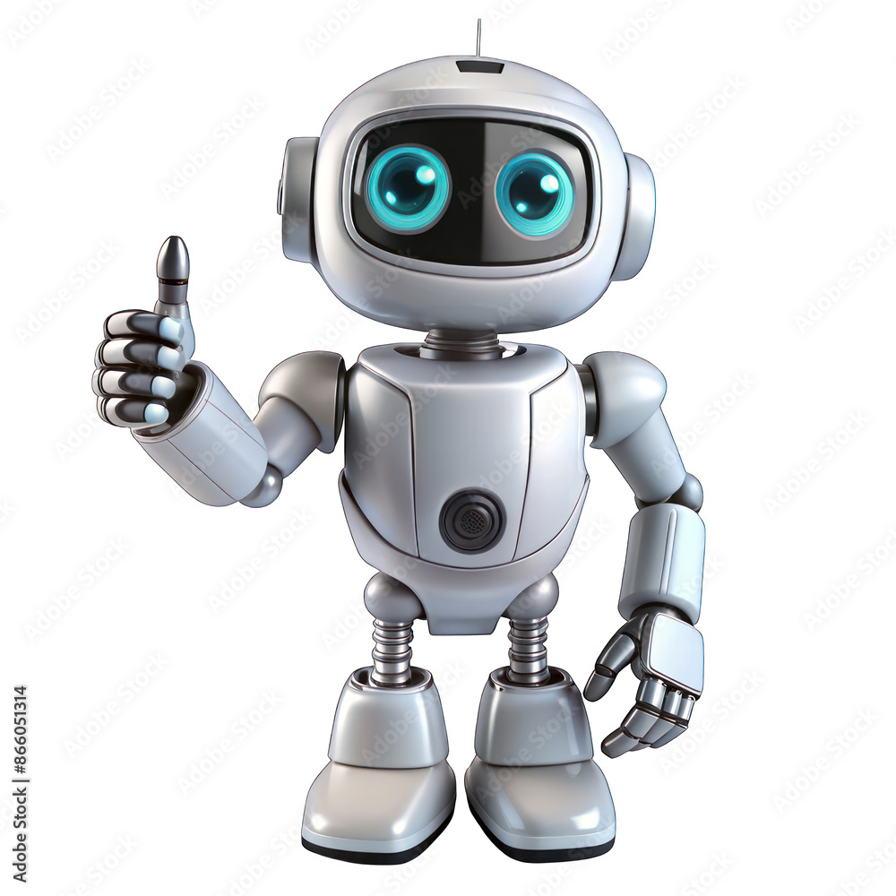 Friendly robot giving thumbs up portrait isolated on transparent background Friendly robot giving thumbs up portrait isolated on transparent background