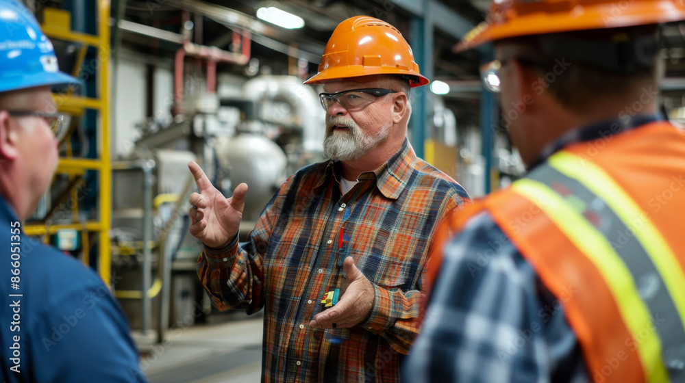 A factory supervisor in a hard hat instructs workers wearing safety gear, emphasizing safety protocols in an industrial setting.