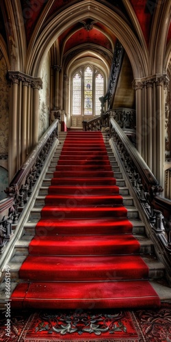 Castle Stairs in Gothic Interior with Red Carpet - Medieval Architecture