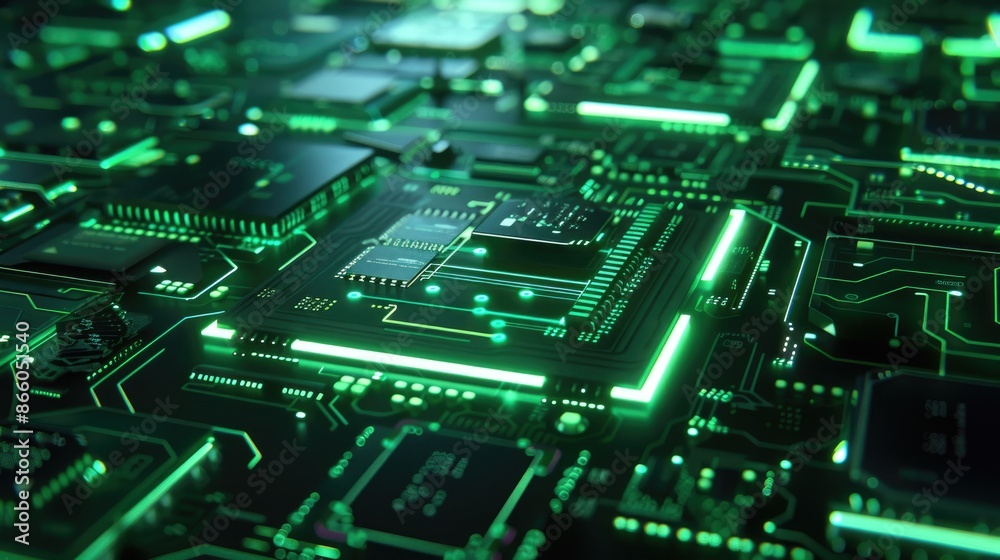 Cyber Green 3D Render Abstract Background with Glowing Neon Microchip