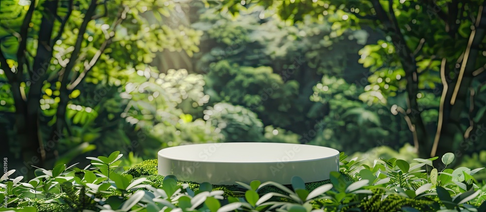 Minimalist flatlay mockup of a white circular podium for showcasing eco-friendly cosmetic products against a green forest backdrop with copy space image. Minimalist flatlay mockup of a white circular podium for showcasing eco-friendly cosmetic products against a green forest backdrop with copy space image.