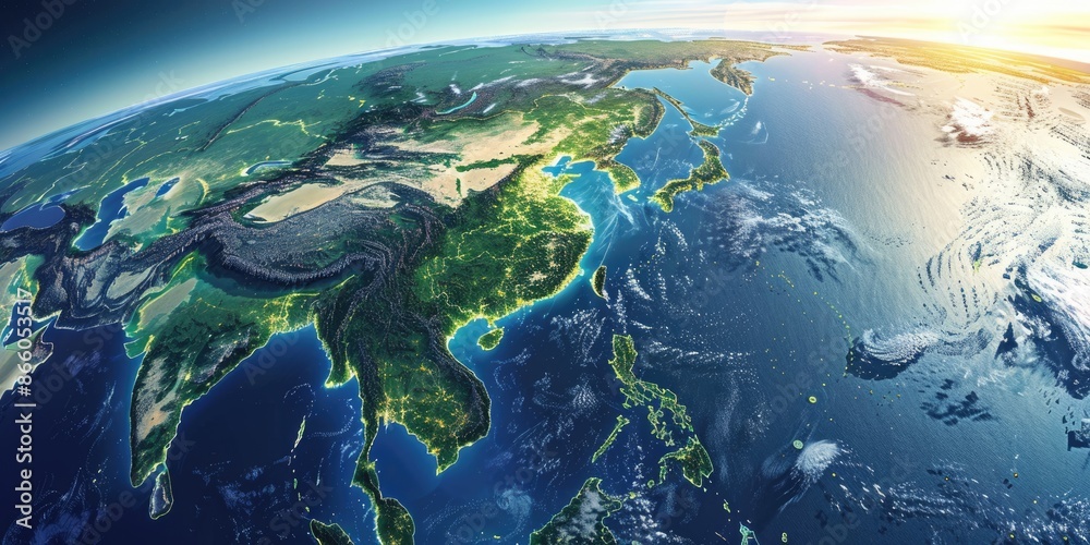 Earth China. Detailed 3D Rendering of Earth Globe with Pacific Ocean, Featuring China and Japan Earth China. Detailed 3D Rendering of Earth Globe with Pacific Ocean, Featuring China and Japan