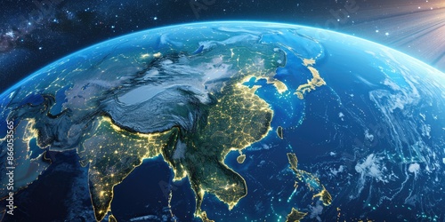 Fototapeta Naklejka Na Ścianę i Meble -  Earth China. Detailed Planet with Day and Night on Pacific Ocean. 3D Rendering
