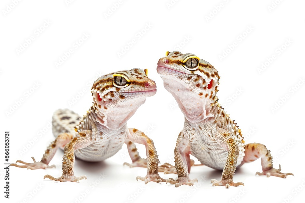 Naklejka premium Geckos. Closeup of Fat-Tailed Gecko and Leopard Gecko Lizard on White Background