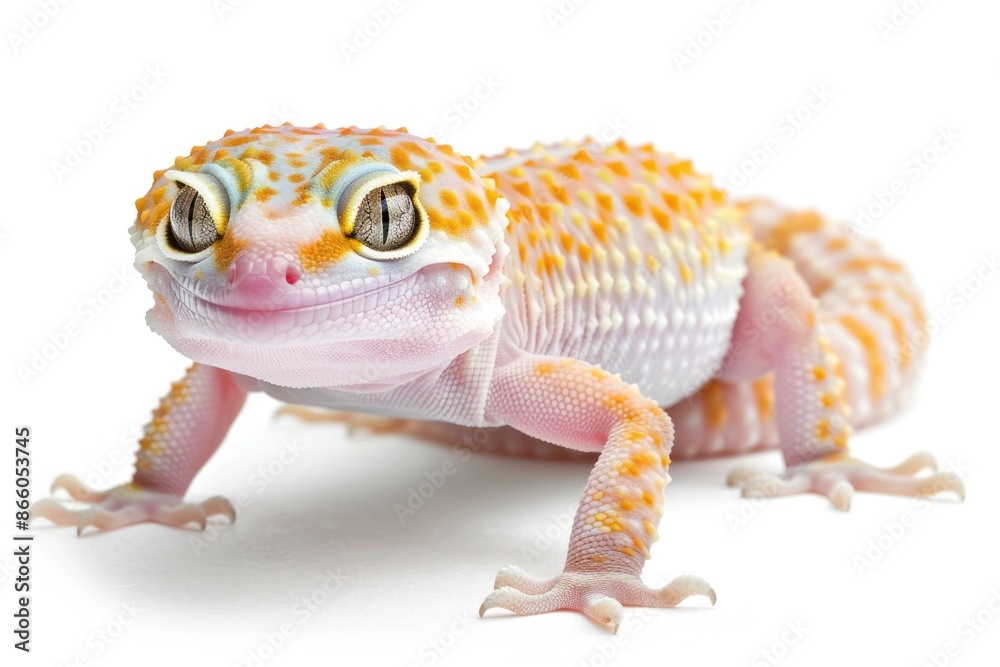Geckos. Closeup of Fat-tailed Geckos on White Background, Baby Leopard Gecko Climbing Geckos. Closeup of Fat-tailed Geckos on White Background, Baby Leopard Gecko Climbing