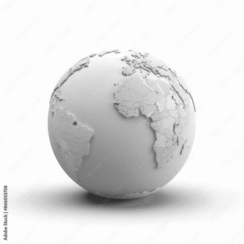 Globe Gray. 3D Earth Symbol with Gray Continents and Atlantic Ocean in the Center Globe Gray. 3D Earth Symbol with Gray Continents and Atlantic Ocean in the Center
