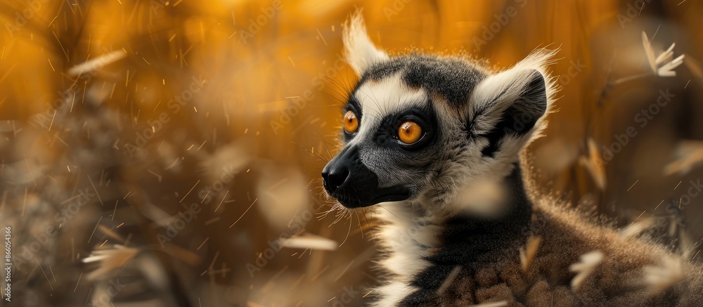 Fototapeta premium Blurry backdrop with a charming ring-tailed lemur in a close-up portrait, providing room for text in the image. with copy space image. Place for adding text or design