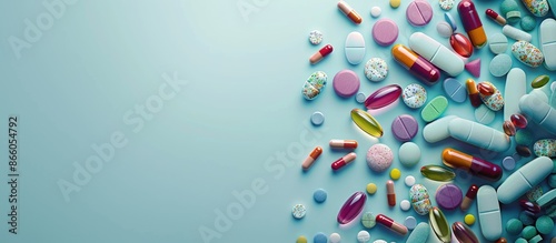Various medical pills and capsules like painkillers, vitamins, antibiotics, and probiotics are displayed on a blue background, forming a science-themed health care image with copy space for text.